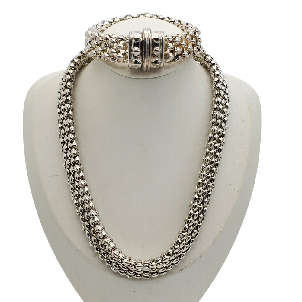 Silver Tone Mesh Necklace Bracelet Magnetic Clasp Chunky Statement Designer Set